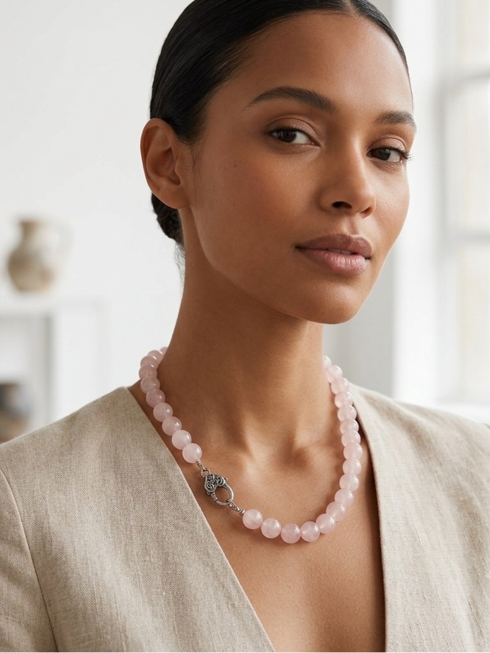 Vintage Real Quality Madagascar Pink Quartz Oversized Beaded Necklace 20in long.